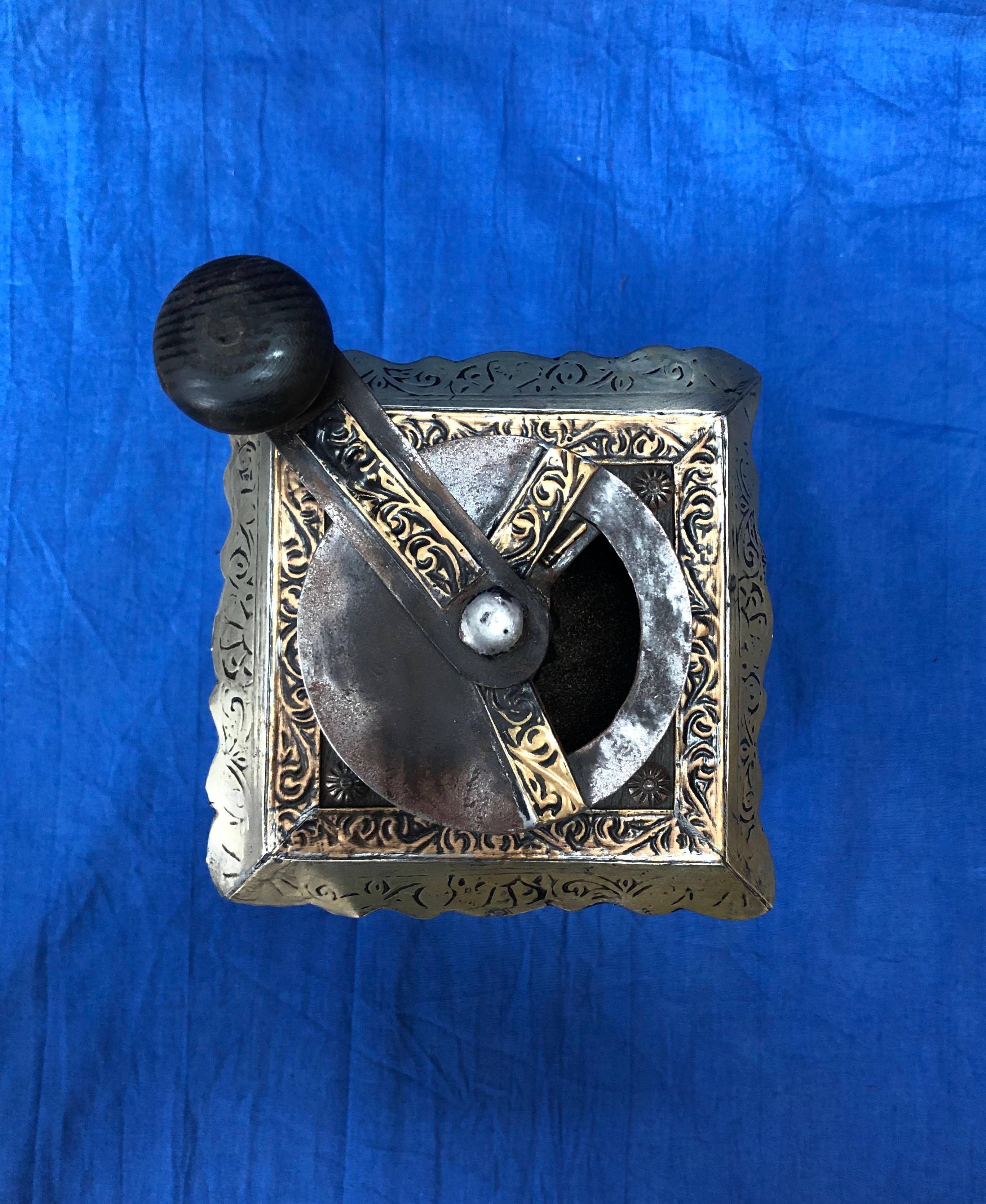 Vintage Handmade Moroccan Coffee Grinder - Silver & Brass Repousse, Ebony Wood In Good Condition For Sale In Vineyard Haven, MA