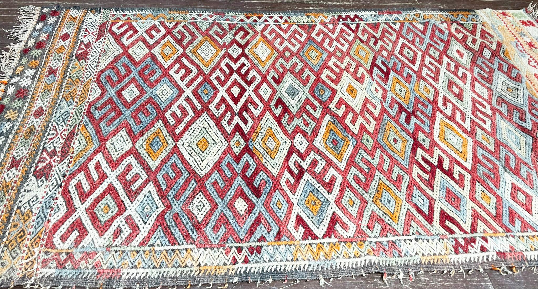 Hand-Knotted Vintage Moroccan Flat Weave/Kilim rug/runner, #17420, circa 1950s For Sale