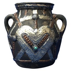 Vintage Handmade Moroccan Jug Vase Silver, Copper Hearts, Gems - In Stock