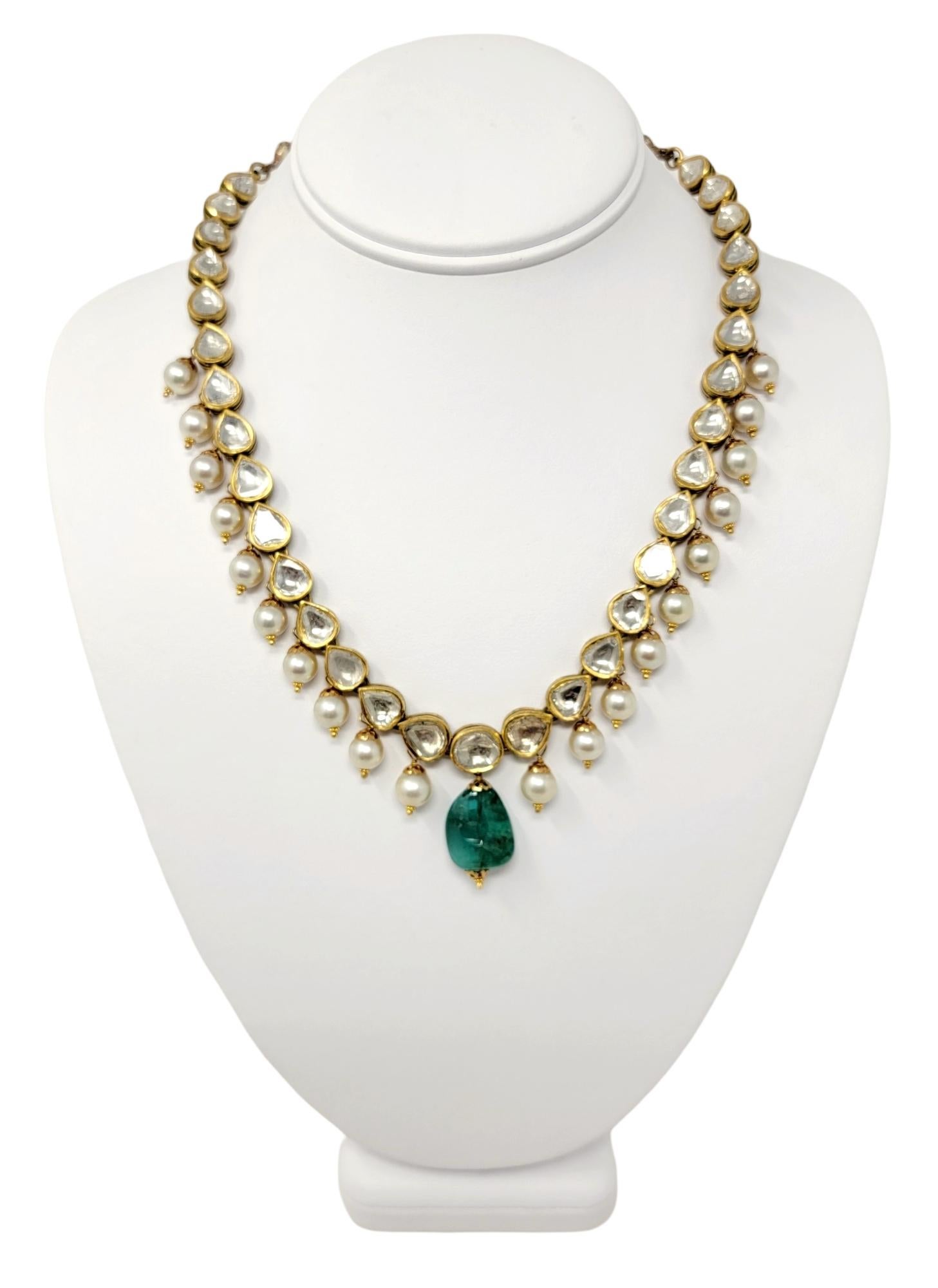 Vintage Handmade Mother of Pearl, Uncut Diamond and Emerald Stone Polki Necklace For Sale 5