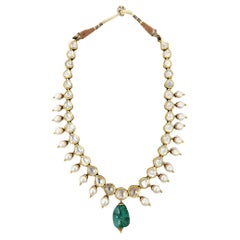 Vintage Handmade Mother of Pearl, Uncut Diamond and Emerald Stone Polki Necklace