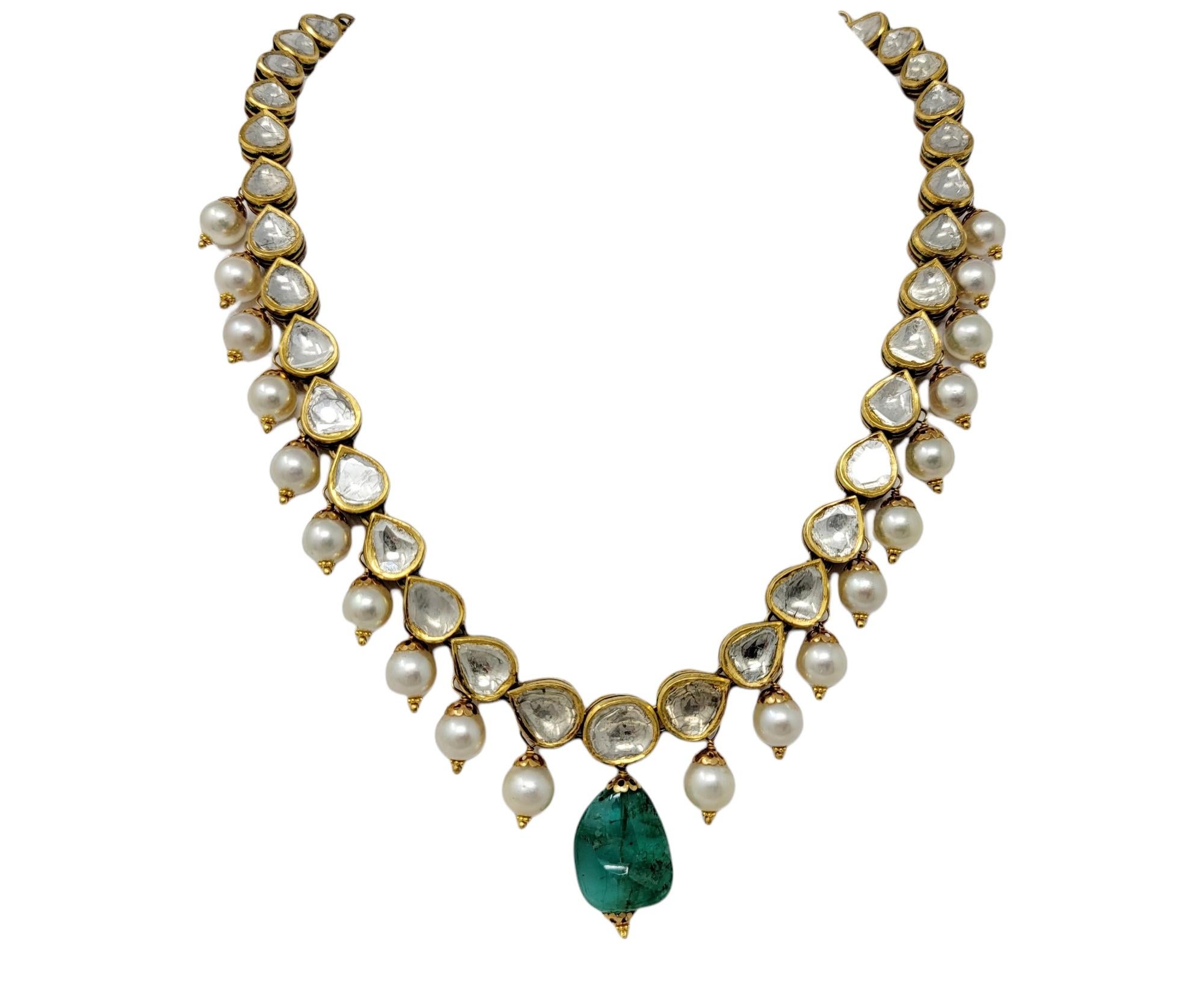 Artisan Vintage Handmade Mother of Pearl, Uncut Diamond and Emerald Stone Polki Necklace For Sale