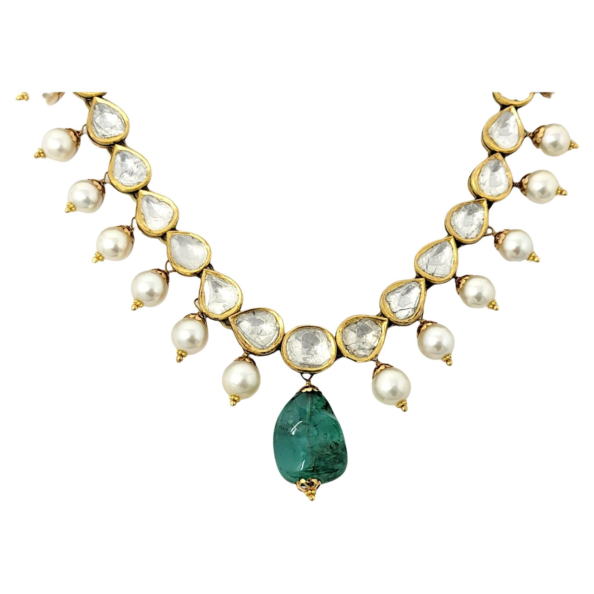 Vintage Handmade Mother of Pearl, Uncut Diamond and Emerald Stone Polki Necklace For Sale