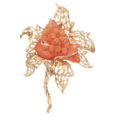 Vintage Handmade Natural Angel Skin Coral Yellow Gold Flower Brooch
