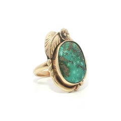 Vintage Handmade Navajo 14k Yellow Gold Matrix Turquoise Floral Leaf Ring