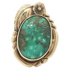 Vintage Handmade Navajo 14k Yellow Gold Matrix Turquoise Floral Leaf Ring