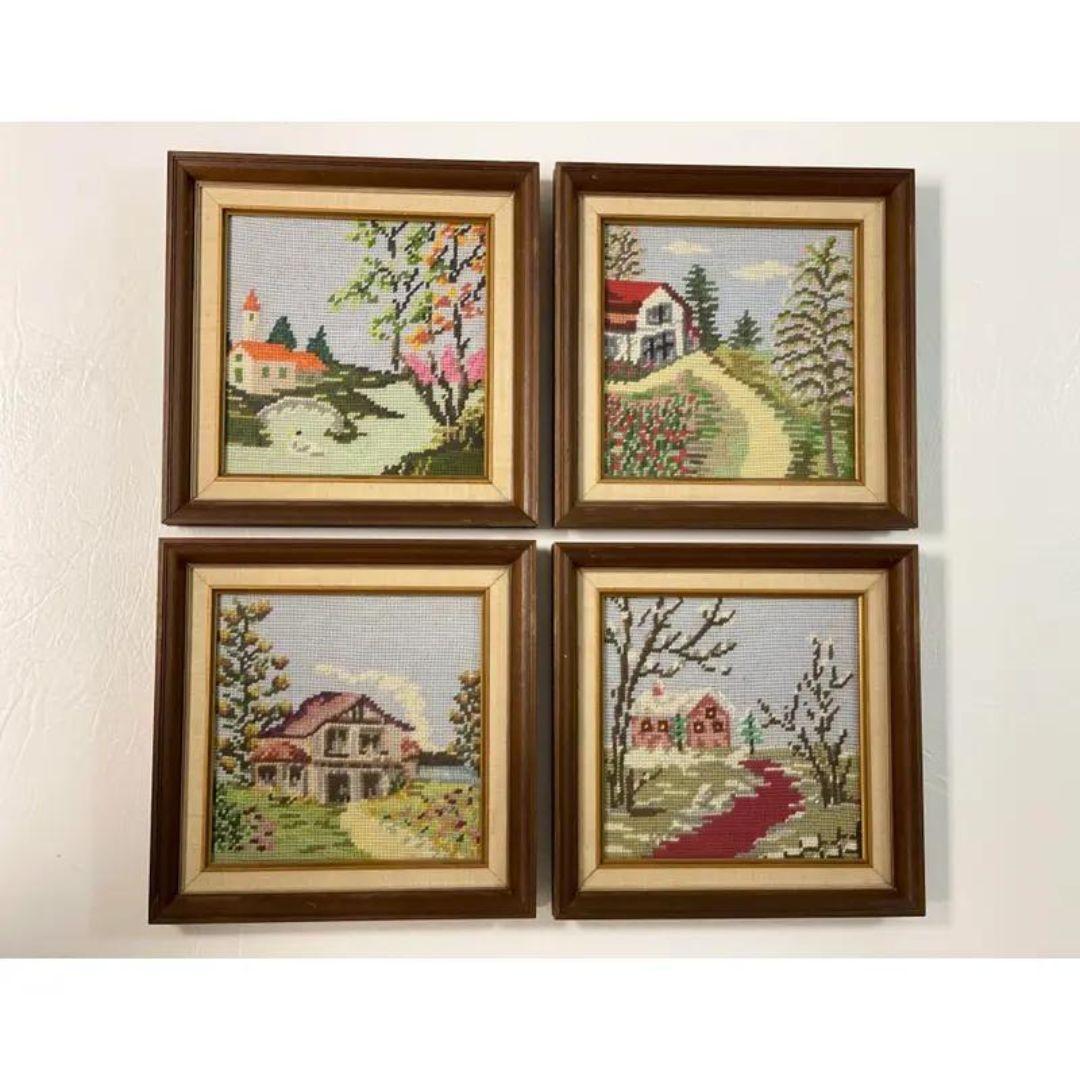 Vintage Handmade Textile Art in Needlepoint Set of 4. Some of the Most Colorful and Brightest we have ever seen. 10.5” x 10.5” each Framed, Completed Stitched Bright Pink Orange Yellow Gold Wood Frame Wool Needlepoint Seasonal Stitchery Needlepoint