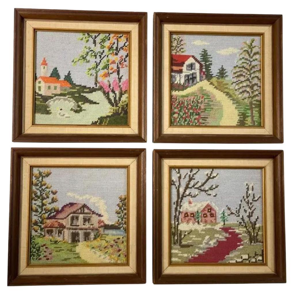 Vintage Handmade Needlepoint Textile Art- Set of 4 For Sale