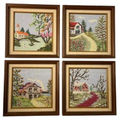 Vintage Handmade Needlepoint Textile Art- Set of 4