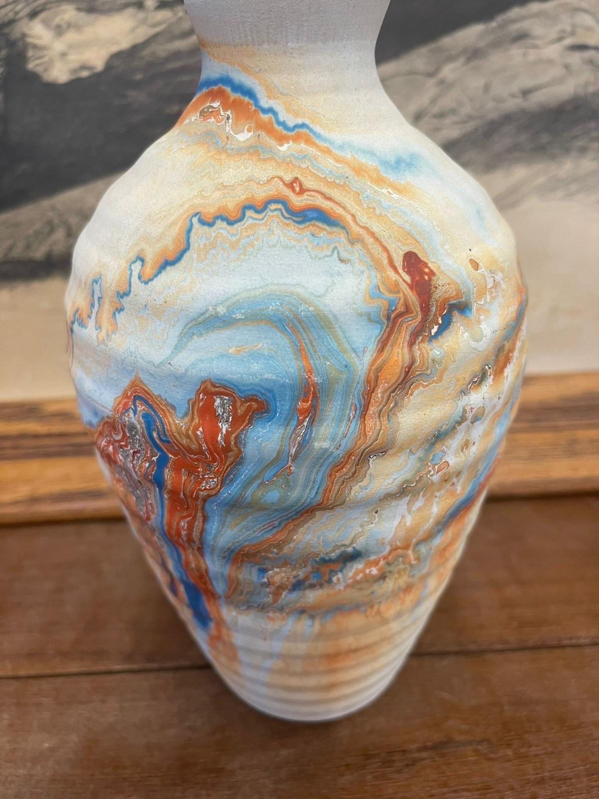 Mid-Century Modern Vintage Handmade Nemadji Vase Minnesota Multicolored Stamped ceramic vase For Sale