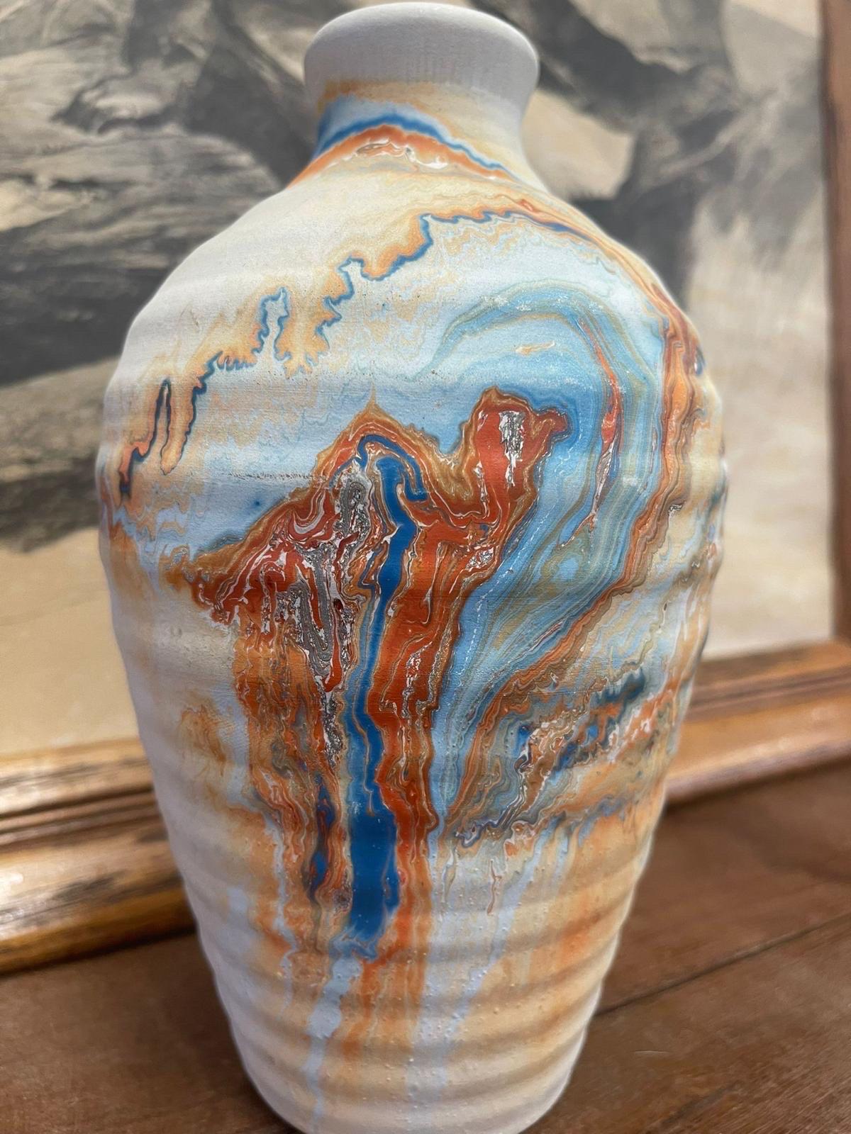 Vintage Handmade Nemadji Vase Minnesota Multicolored Stamped ceramic vase In Good Condition For Sale In Seattle, WA