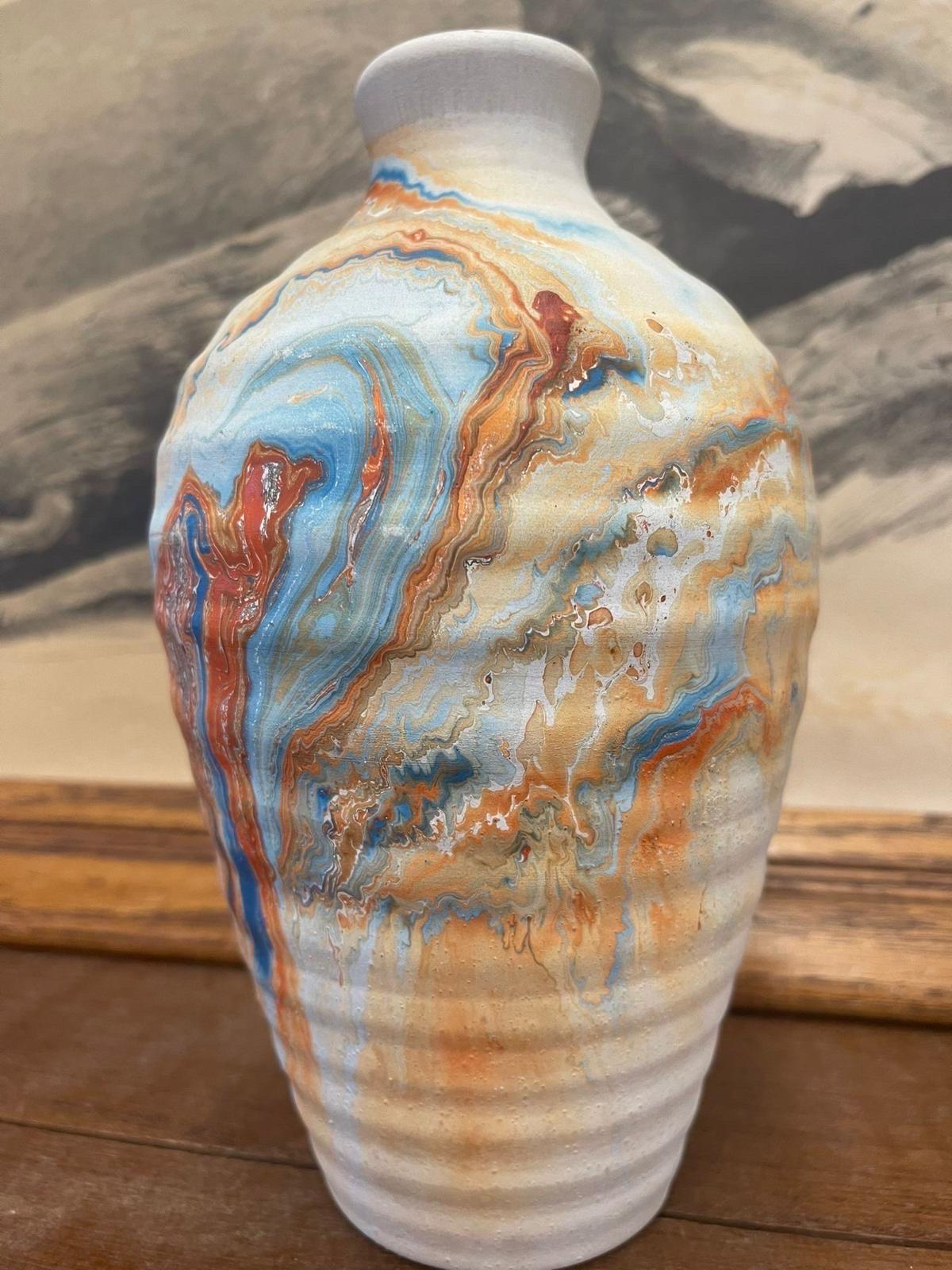 Early 20th Century Vintage Handmade Nemadji Vase Minnesota Multicolored Stamped ceramic vase For Sale