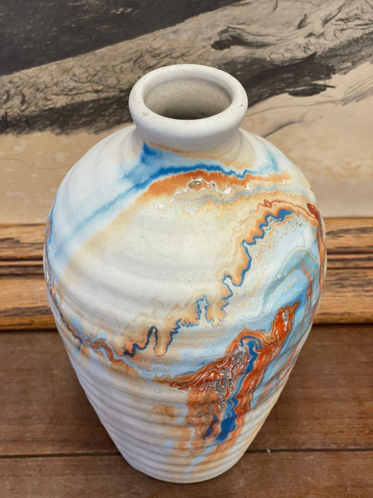 Ceramic Vintage Handmade Nemadji Vase Minnesota Multicolored Stamped ceramic vase For Sale
