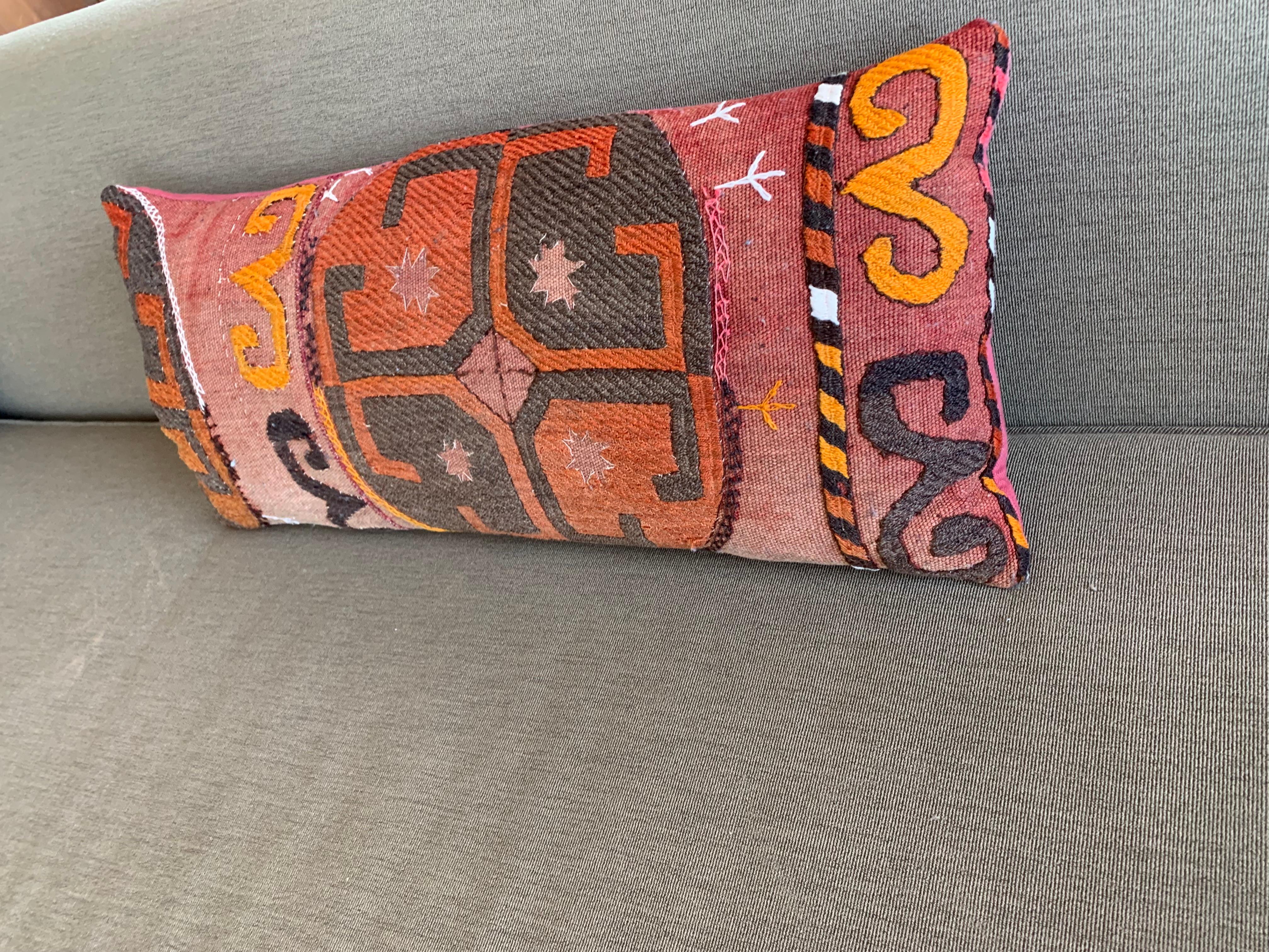 Bohemian Custom Pillow cut from Antique Handwoven rug  For Sale