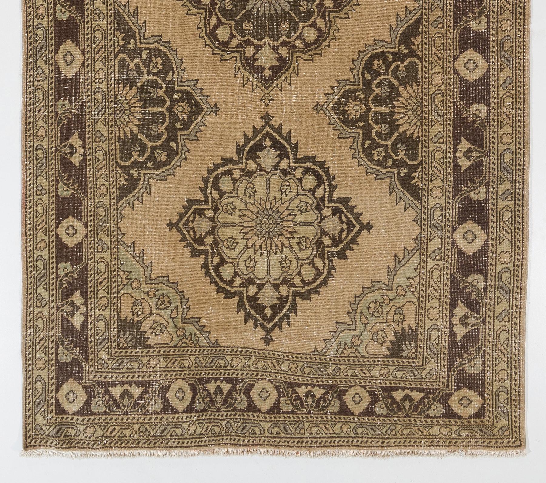 Hand-Knotted 4.7x12.7 ft Vintage Handmade Oushak Runner Rug in Beige and Brown for Hallway For Sale