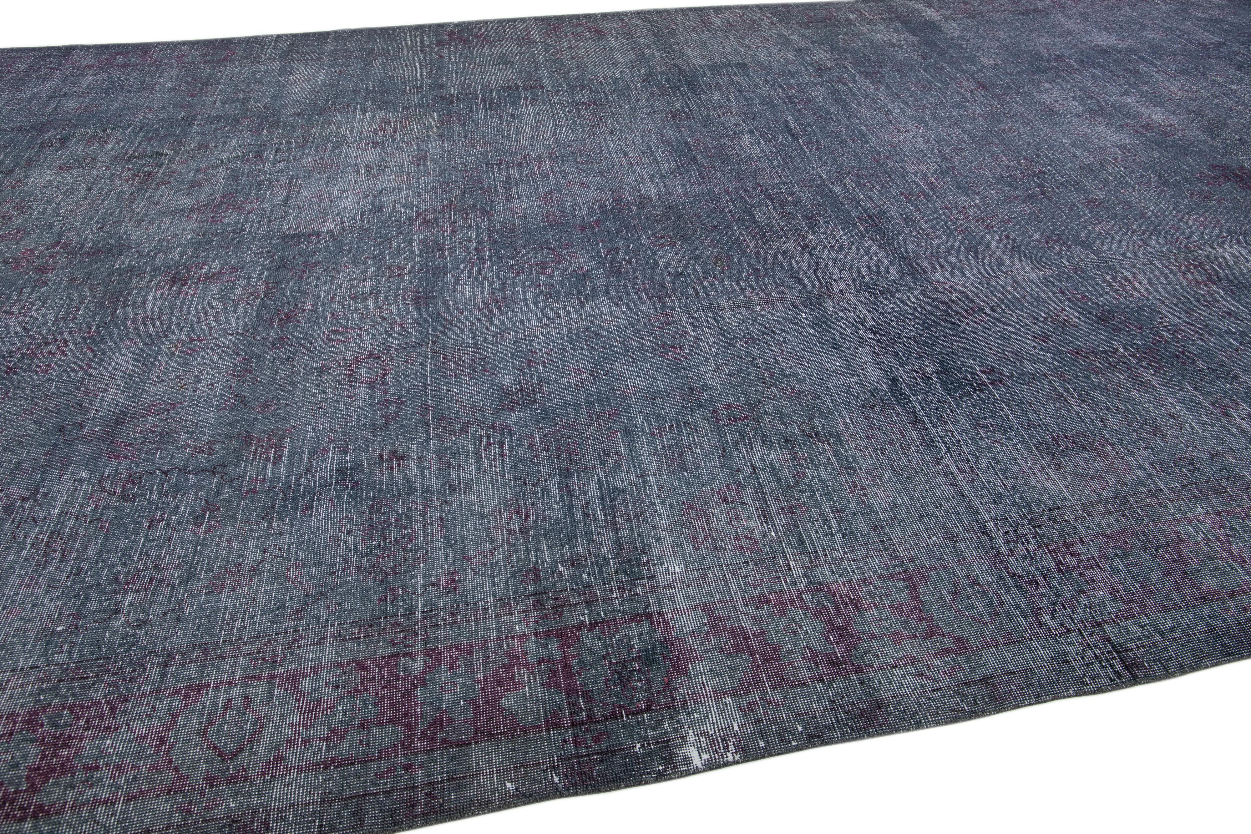 Vintage Handmade Overdyed Turkish  Long Wool Rug In Gray In Distressed Condition For Sale In Norwalk, CT