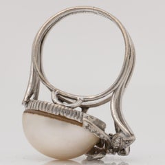 Vintage Handmade Palladium Art Deco 14mm Mabe Pearl and Diamond Cocktail Ring