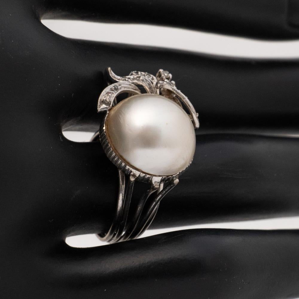 Single Cut Vintage Handmade Palladium Art Deco 14mm Mabe Pearl and Diamond Cocktail Ring