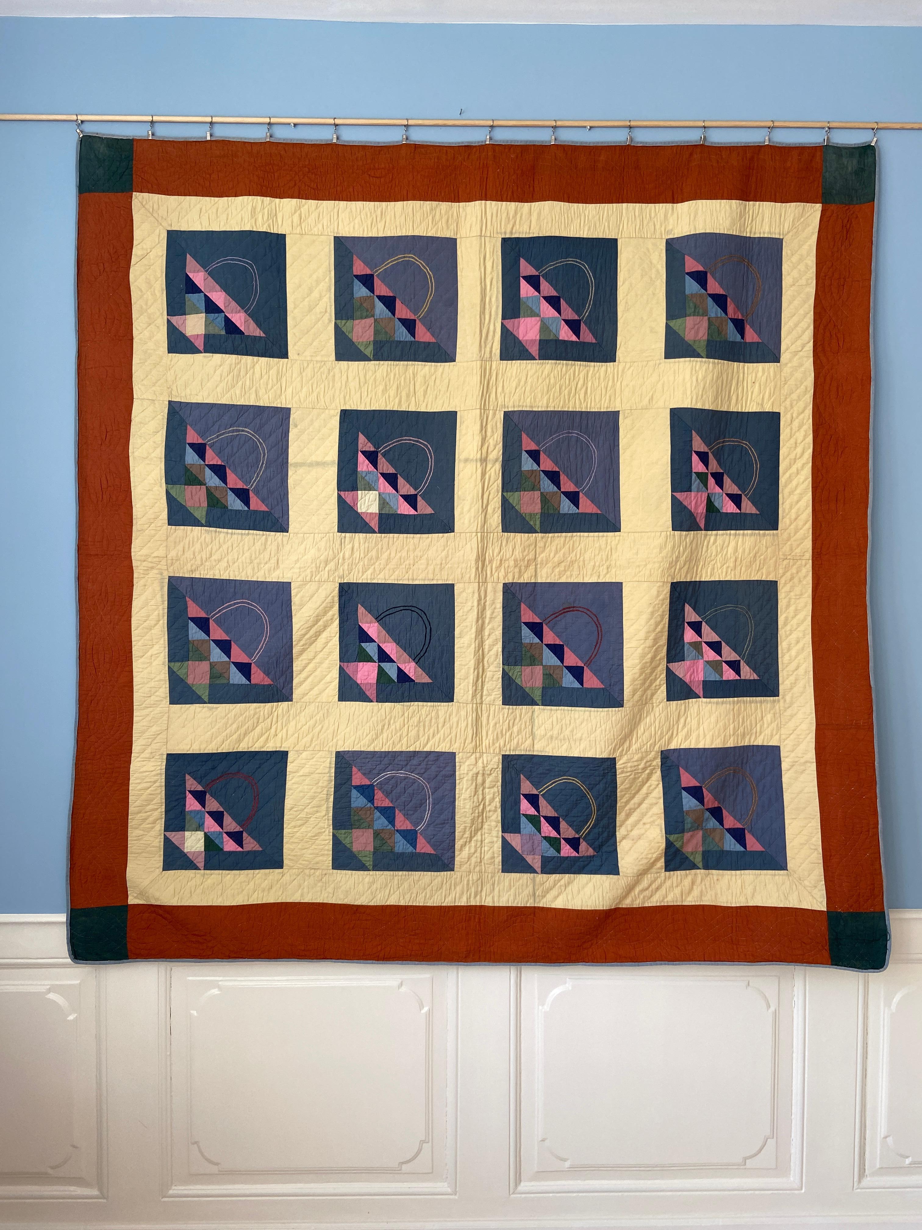 Vintage Handmade Patchwork Quilt Decorated with Colorful Baskets, USA, 1920s 2