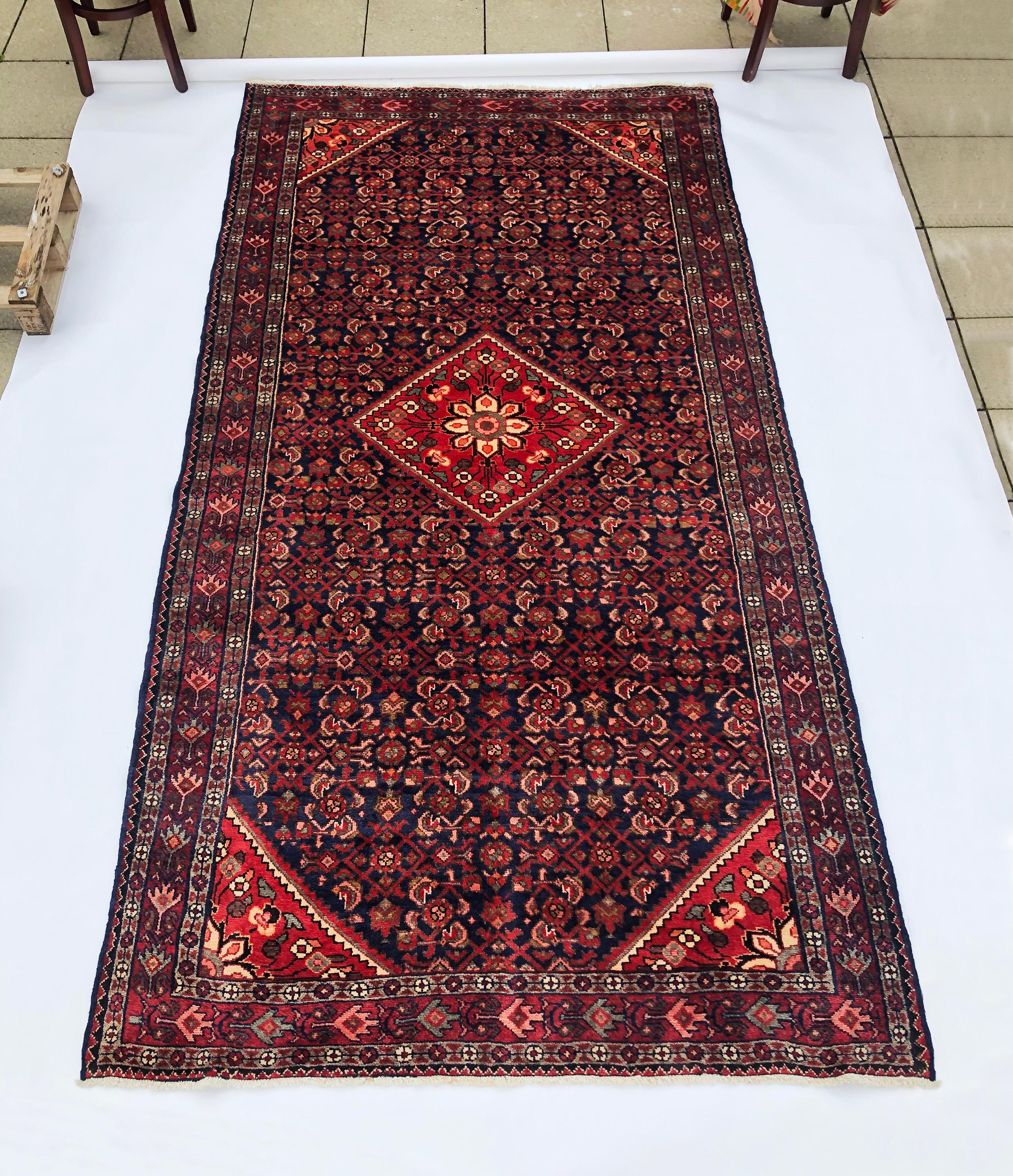 Bohemian Vintage Handmade Persian Floor Rug Hosseinabad Red Blue Medallion Wool 1990s For Sale