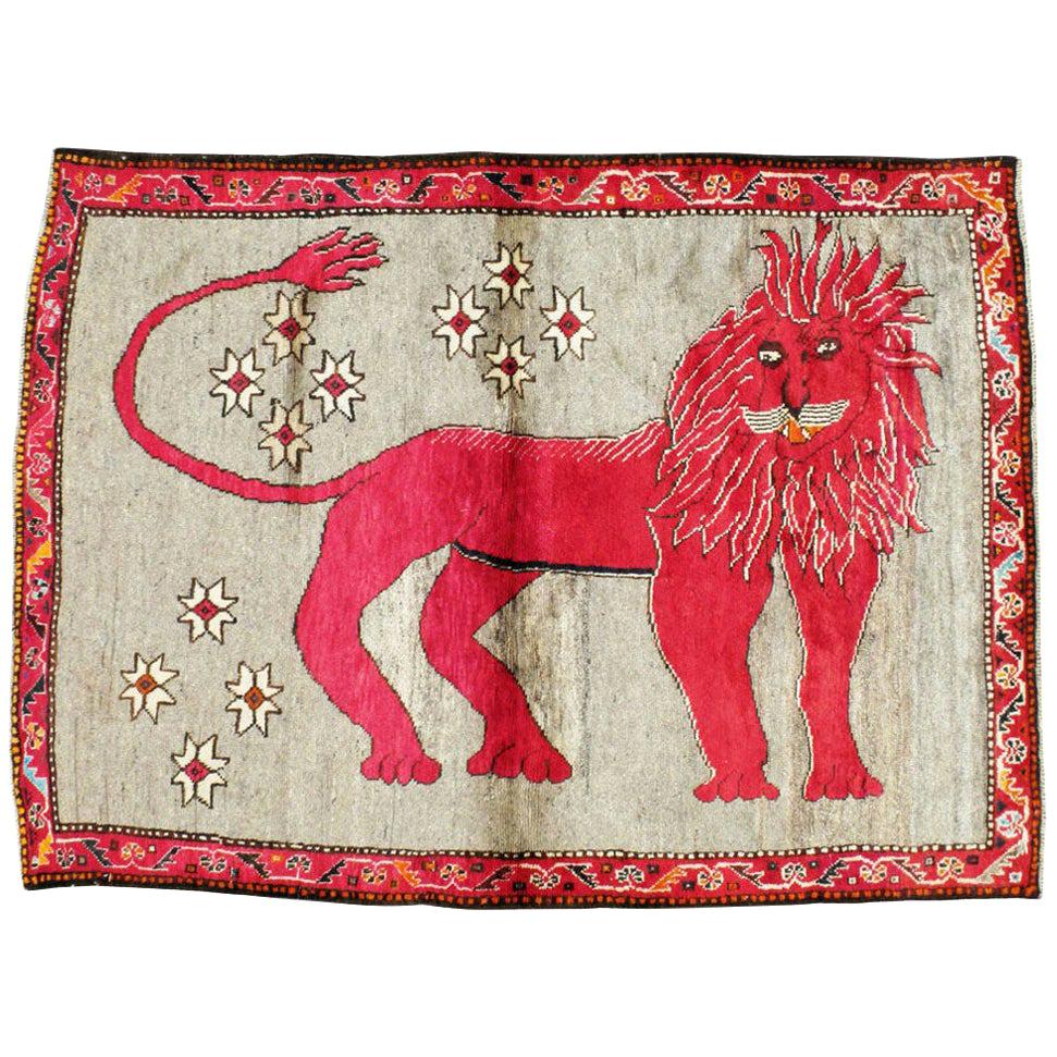 Vintage Handmade Persian Folk Pictorial Lion Accent Rug