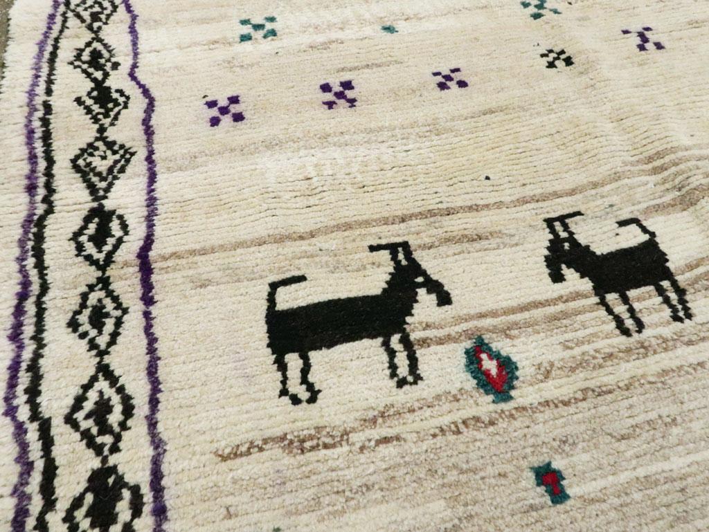 Wool Vintage Handmade Persian Tribal Accent Rug in Cream