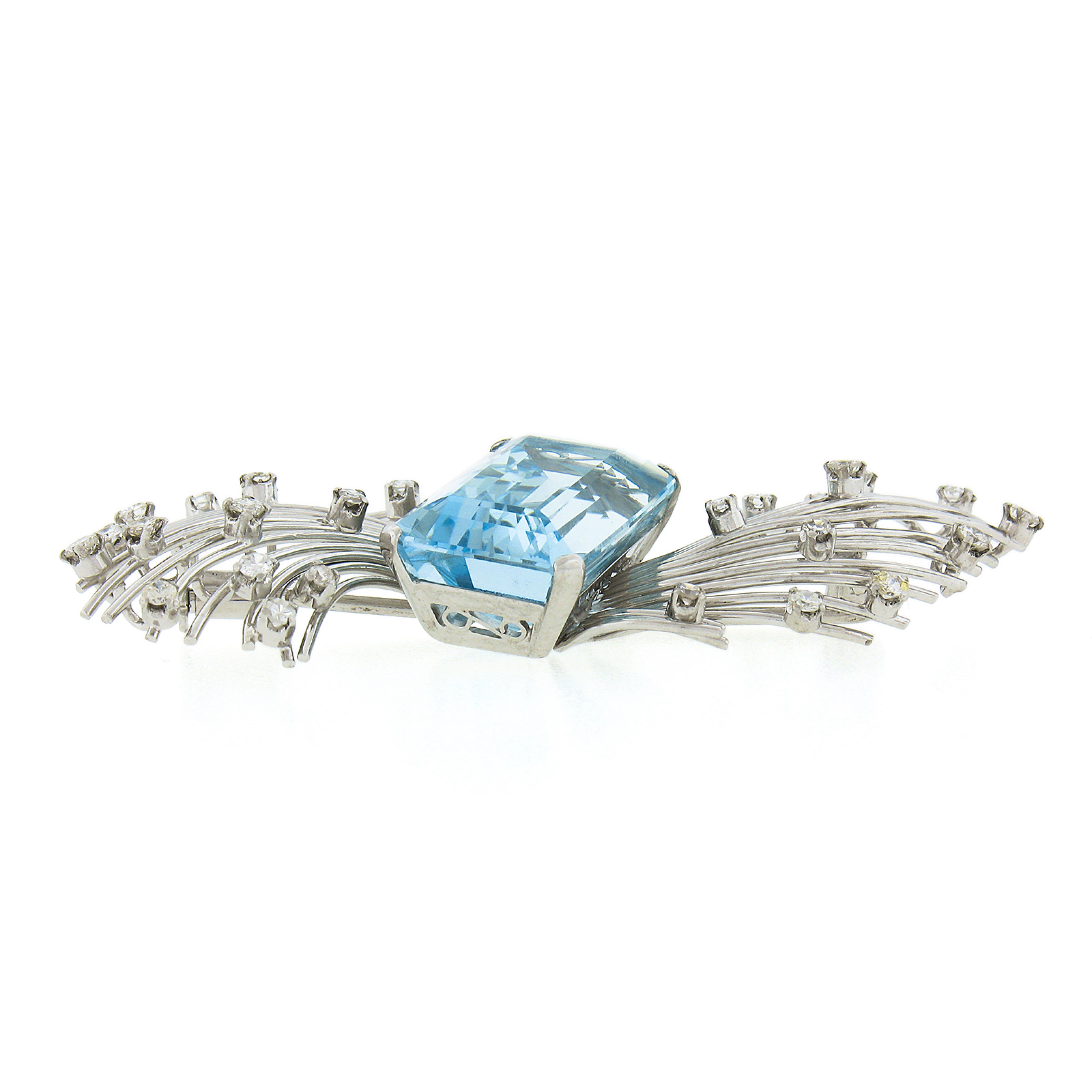 Vintage Handmade Platinum 20.5ctw GIA Emerald Cut Aquamarine Diamond Wire Brooch For Sale 1