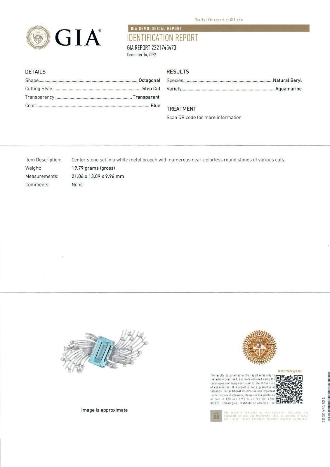 Vintage Handmade Platinum 20.5ctw GIA Emerald Cut Aquamarine Diamond Wire Brooch For Sale 4