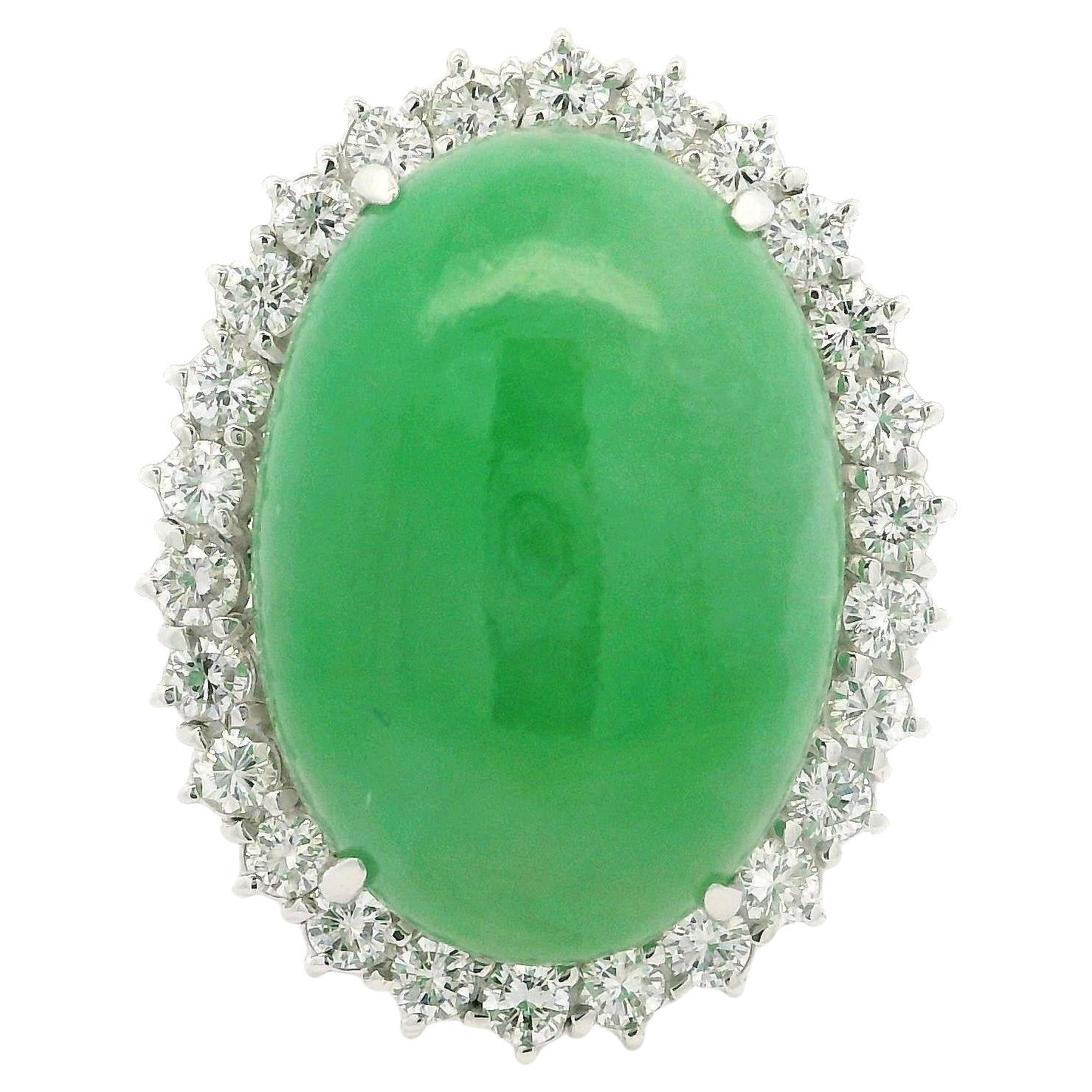 Anello ovale grande di giada e diamanti d'epoca fatto a mano in platino e oro GIA 17,15ctw