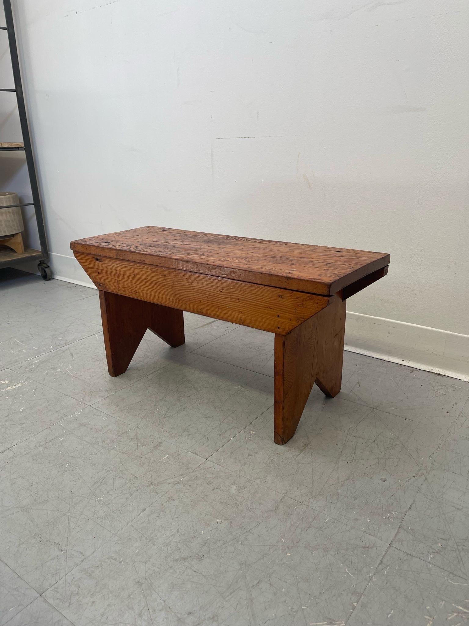 Late 20th Century Vintage Handmade Primitive Arts and Crafts Style Wooden Petite Bench. For Sale