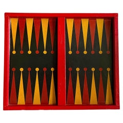 Tavola da Backgammon vintage fatta a mano, rossa e senape, Folk Art Decor, Graphic Art