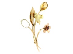 Vintage Handmade Retro 14k Rose & Green Gold Garnet Citrine Moonstone Pin Brooch