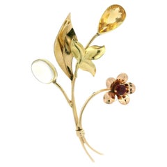 Vintage Handmade Retro 14k Rose & Green Gold Garnet Citrine Moonstone Pin Brooch