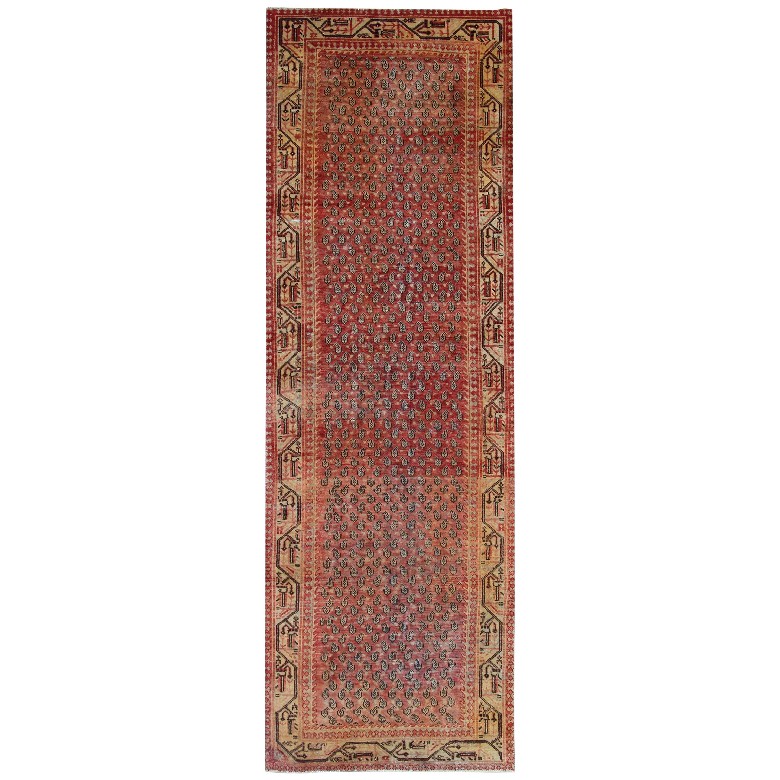 Vintage Handmade Runner Rug, Traditional Orange Wool Carpet Area Rug For Sale
