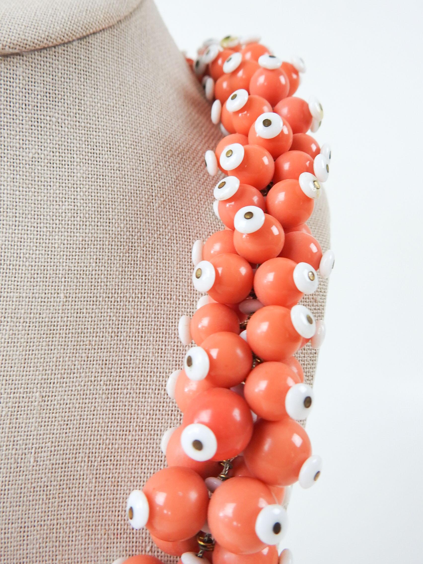 Mid-Century Modern Vintage Handmade Salmon & White Beaded Statement Necklace For Sale