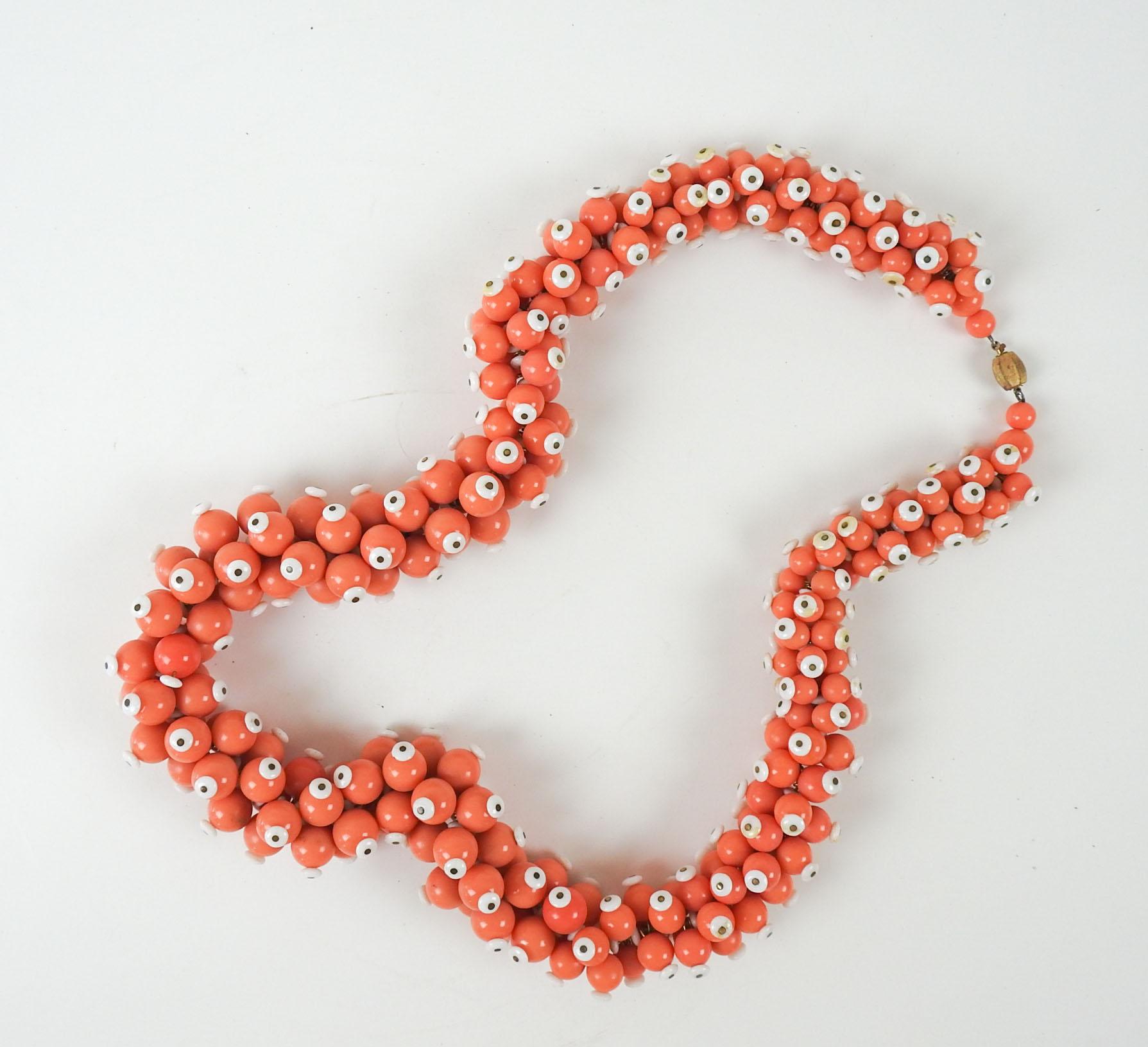 Unknown Vintage Handmade Salmon & White Beaded Statement Necklace For Sale