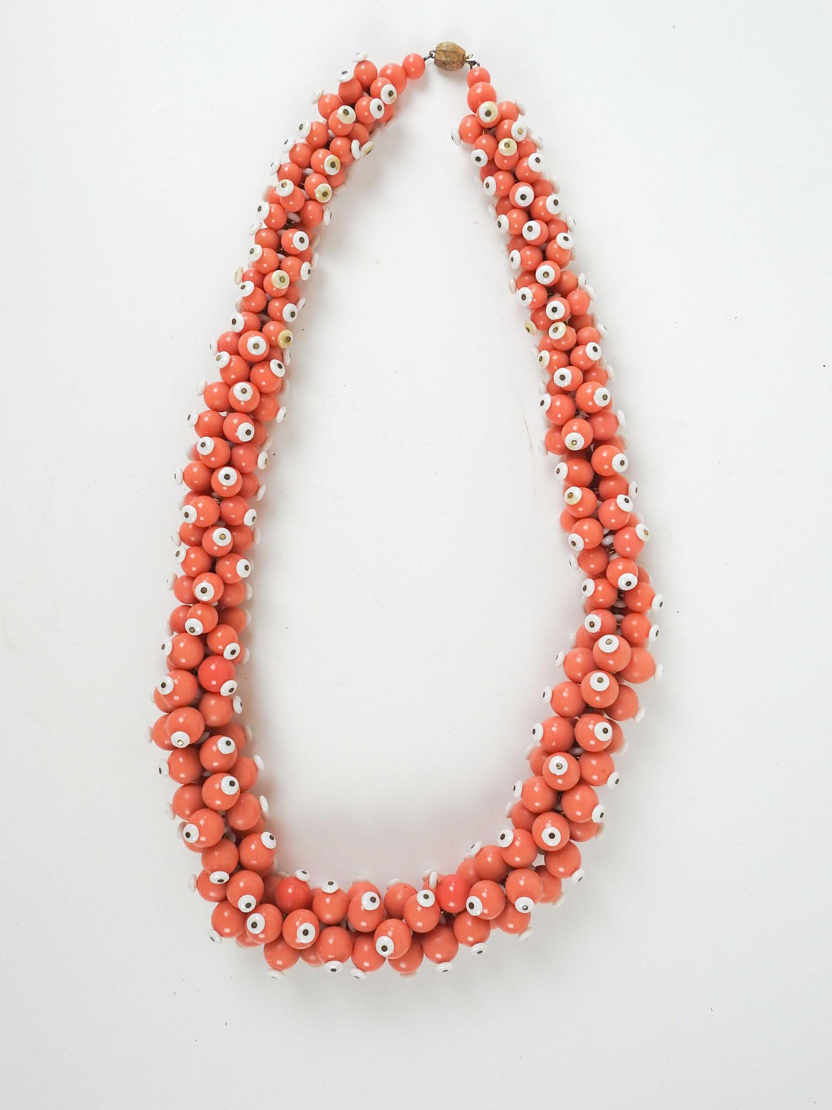Hand-Crafted Vintage Handmade Salmon & White Beaded Statement Necklace For Sale