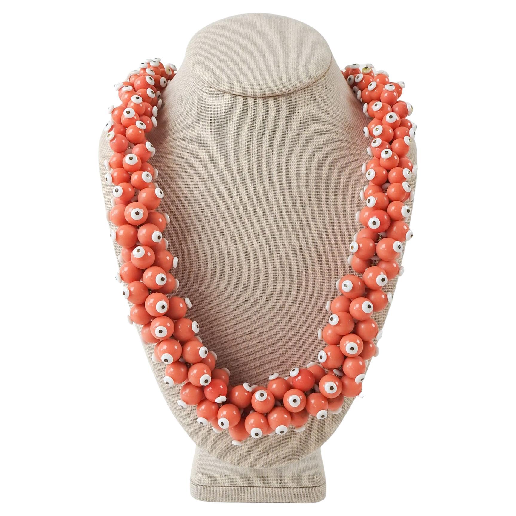 Vintage Handmade Salmon & White Beaded Statement Necklace For Sale