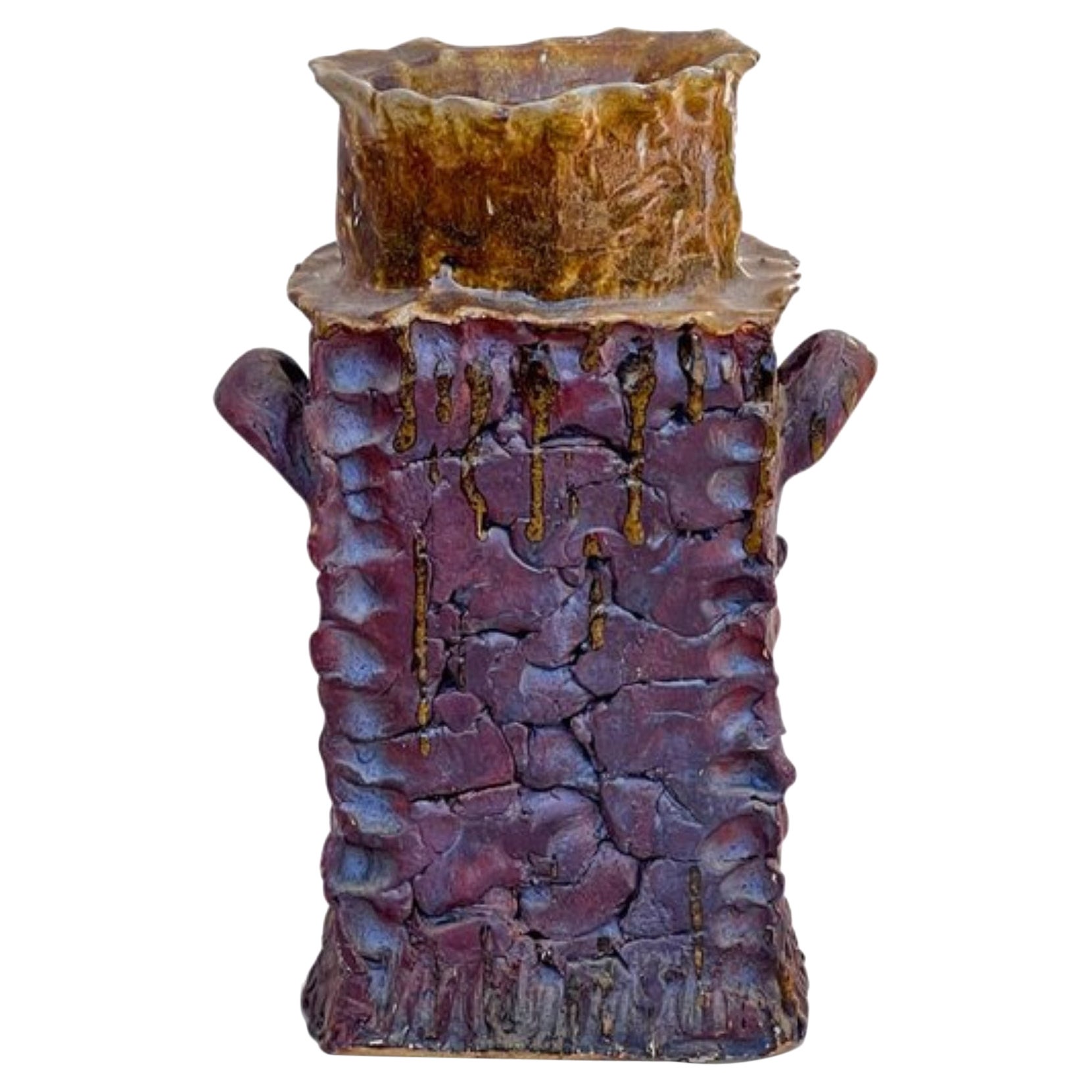 Vintage Handmade Signed Tall Square Shaped Ceramic Vase