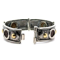 Vintage Handmade Silver 18k Gold Wide Panel Link w/ Ancient Coin Bangle Bracelet
