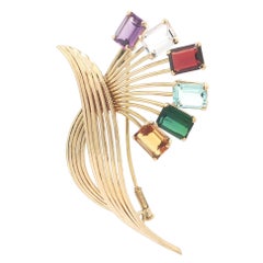 Vintage Handmade Solid Yellow Gold Natural Colored Gemstones Wire Brooch (Broche en or jaune massif avec pierres précieuses de couleur)