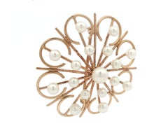 Vintage Handmade Solid Yellow Gold Pearl Open Wire Round Pin Brooch