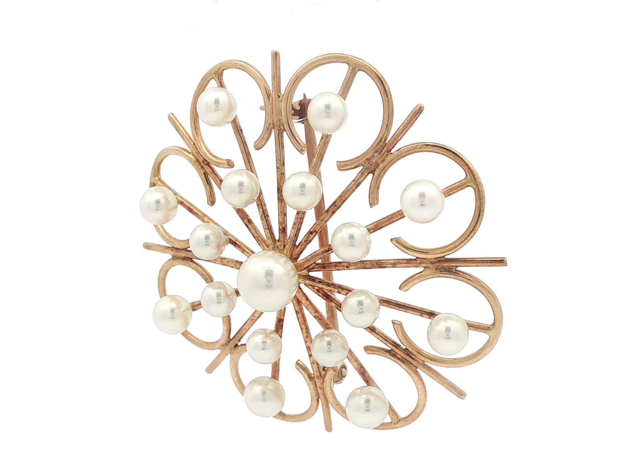 Bead Vintage Handmade Solid Yellow Gold Pearl Open Wire Round Pin Brooch For Sale