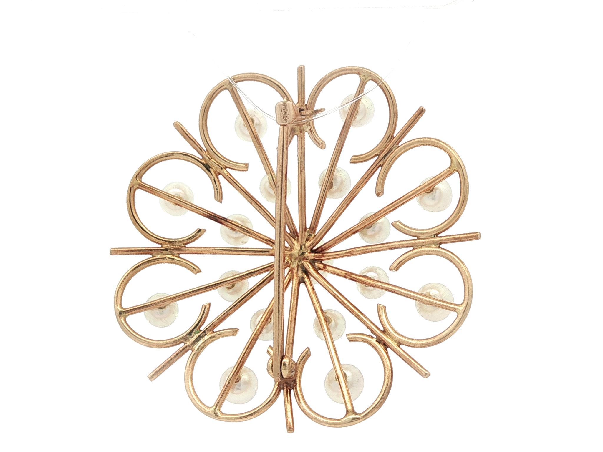 Vintage Handmade Solid Yellow Gold Pearl Open Wire Round Pin Brooch In Good Condition For Sale In Montclair, NJ