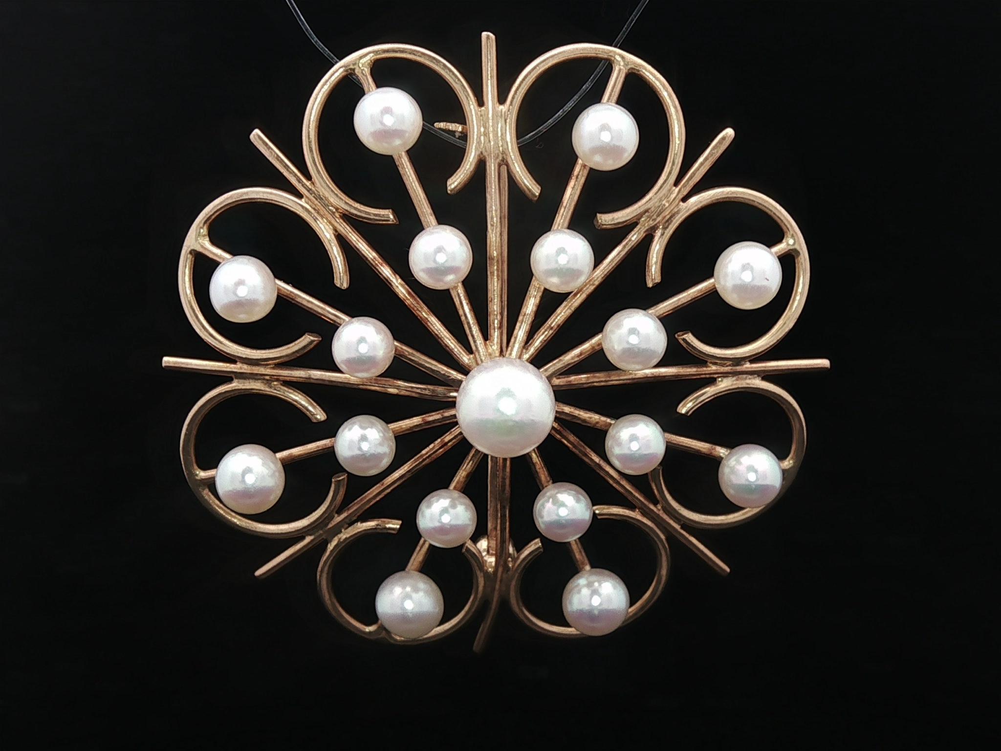Women's Vintage Handmade Solid Yellow Gold Pearl Open Wire Round Pin Brooch For Sale