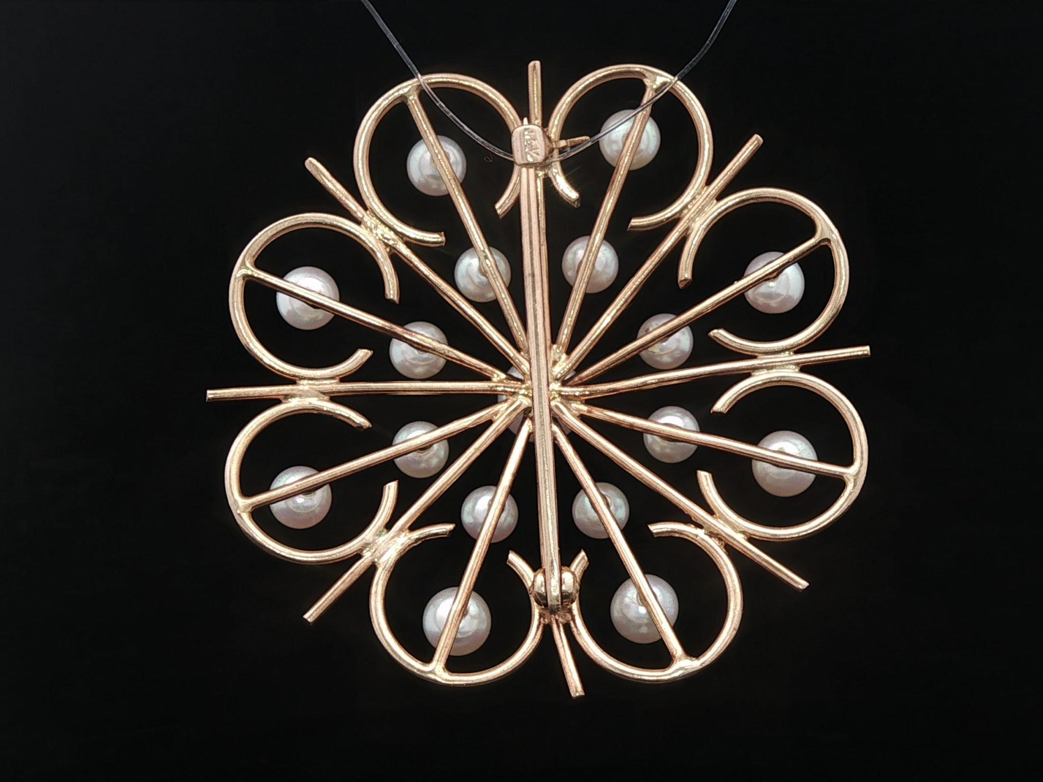 Vintage Handmade Solid Yellow Gold Pearl Open Wire Round Pin Brooch For Sale 2