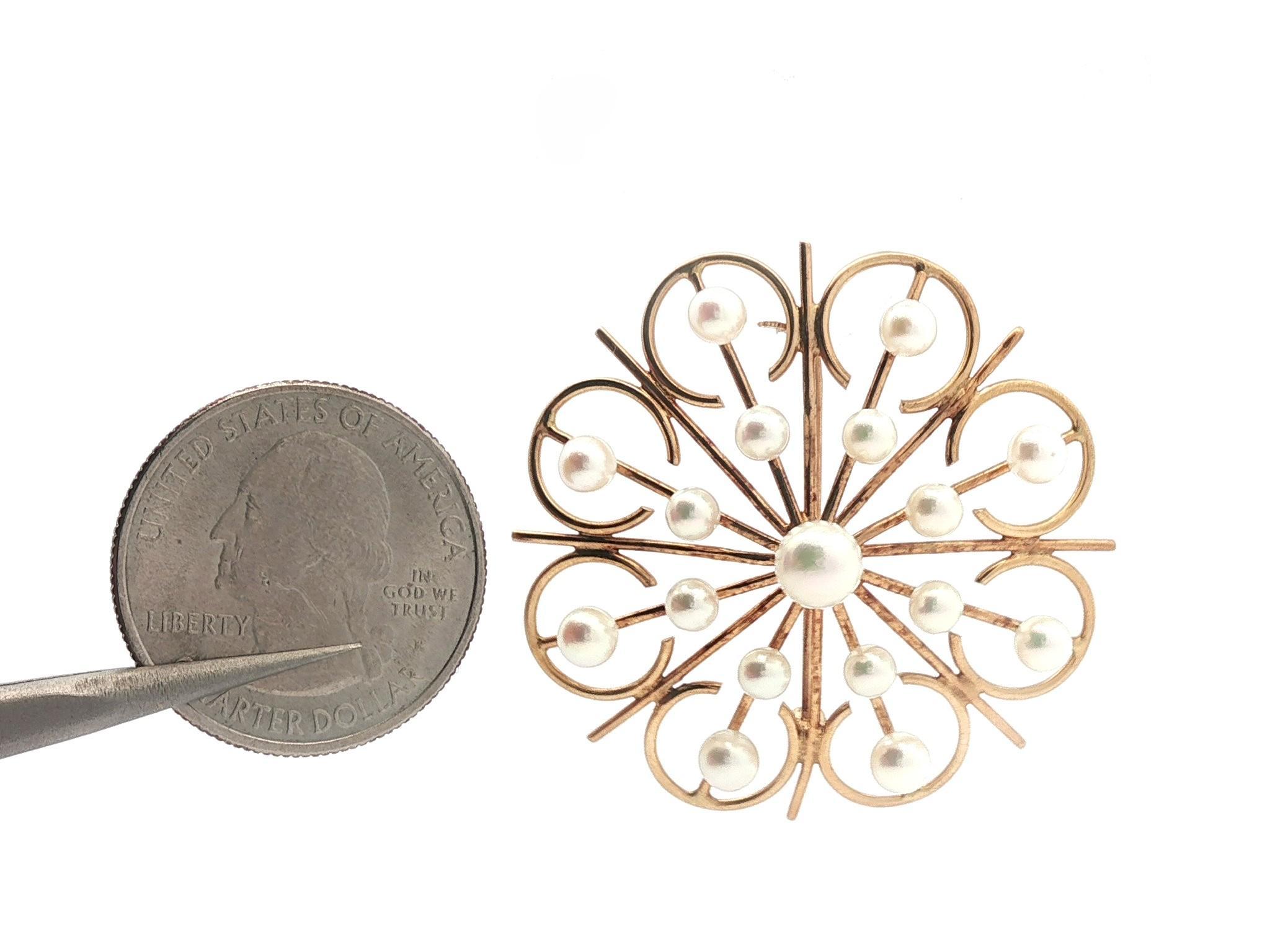 Vintage Handmade Solid Yellow Gold Pearl Open Wire Round Pin Brooch For Sale 4