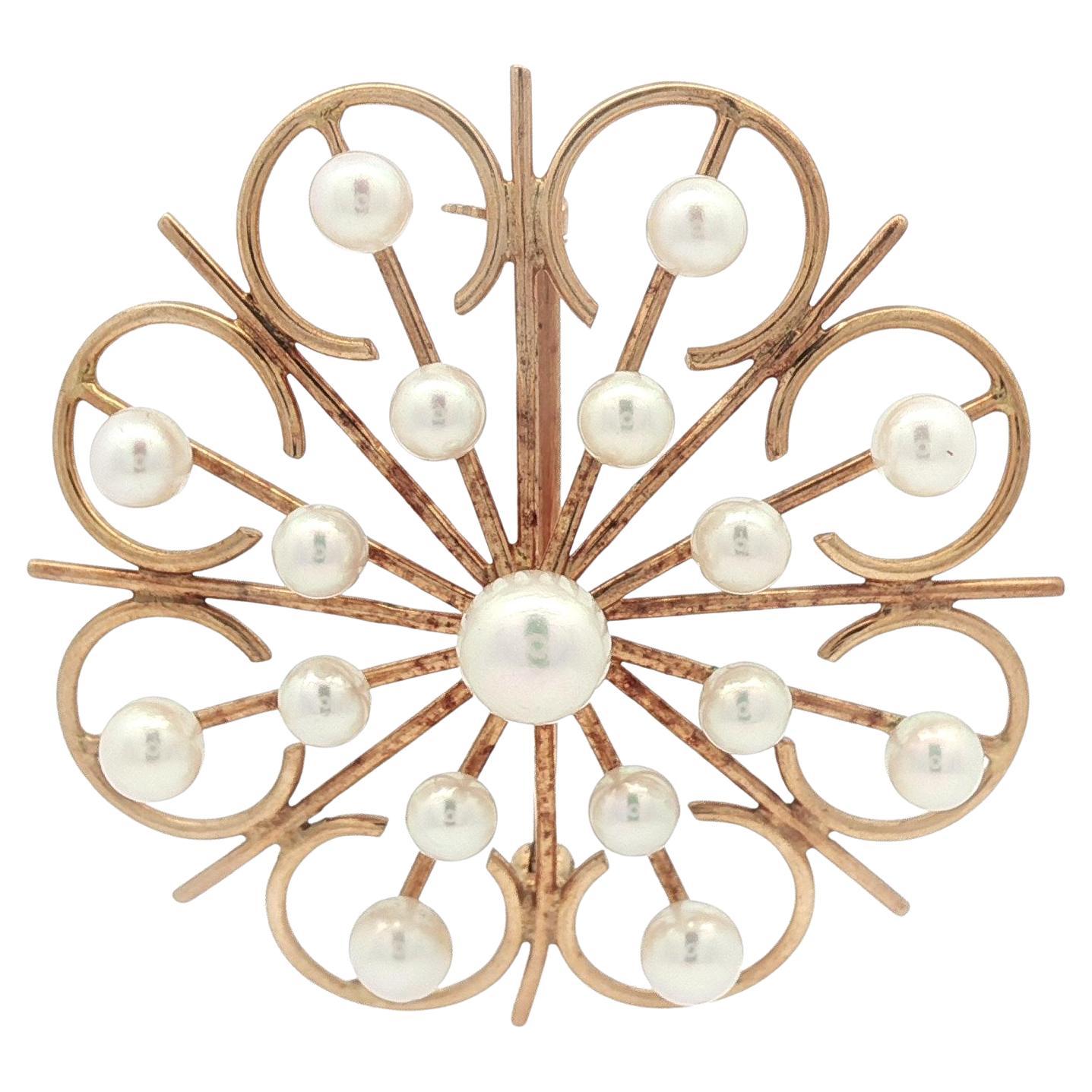 Vintage Handmade Solid Yellow Gold Pearl Open Wire Round Pin Brooch For Sale