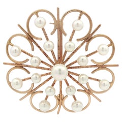 Vintage Handmade Solid Yellow Gold Pearl Open Wire Round Pin Brooch