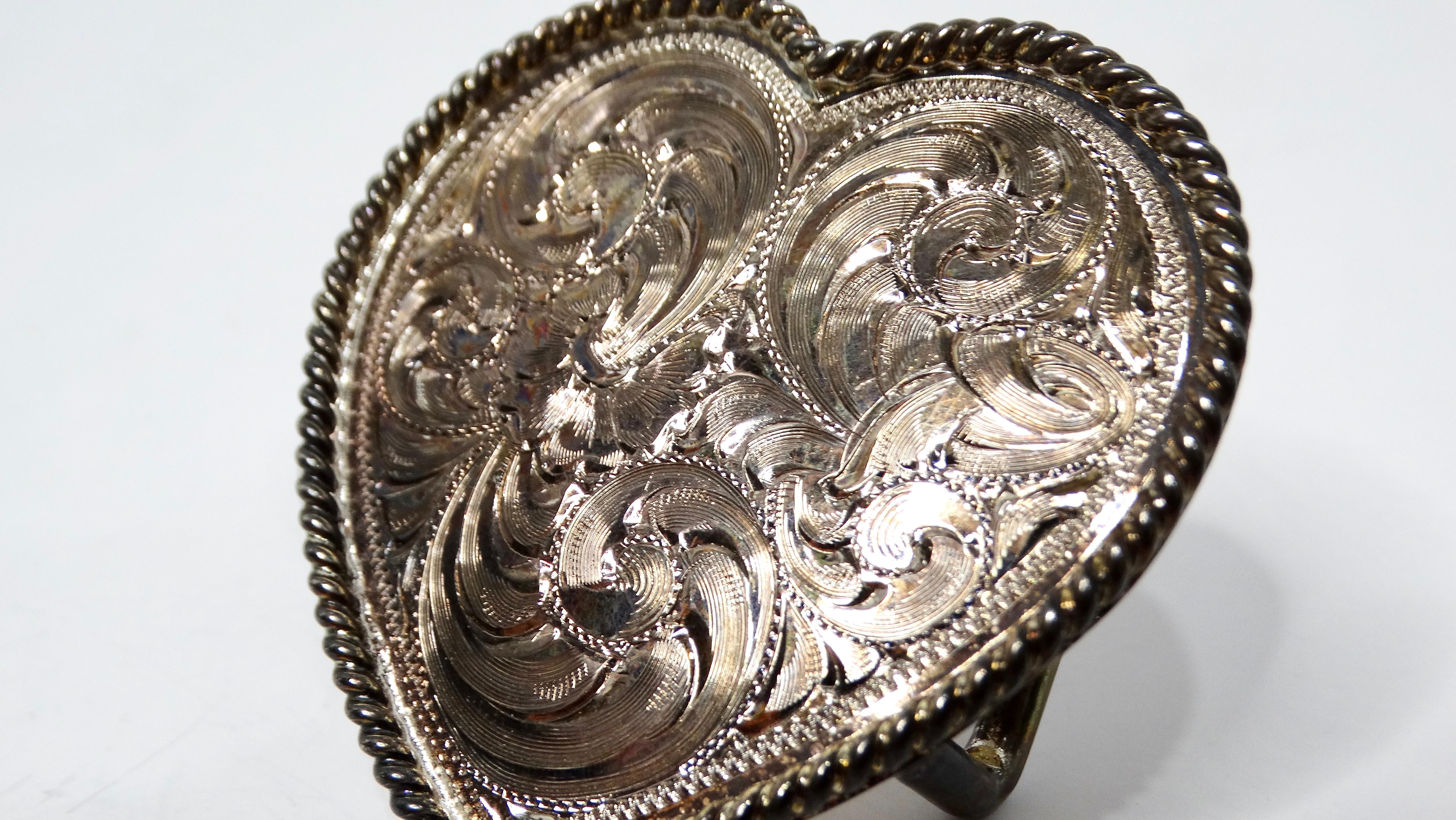 Vintage Handmade Sterling Silver Plated Engraved Heart-Shape Belt Buckle For Sale 7